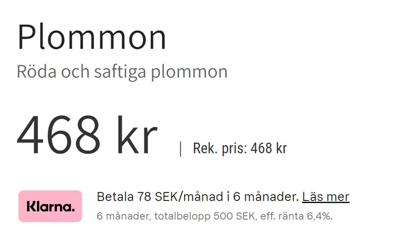 Klarna produktsida